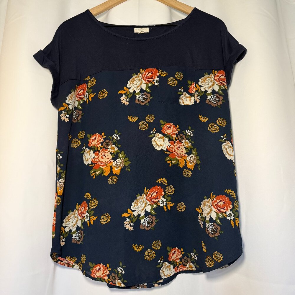 Mason & Belle Kinglake Mixed Material Top Womens L Navy Floral Career Office EUC